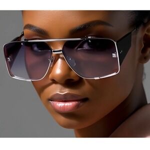 Oversized Square Sunglasses Women Silver Metal Frame Gradient Black Lens Shades